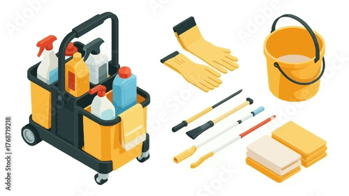 Comprehensive cleaning supplies kit including cart bottles gloves brushes sponges and bucket for household chores