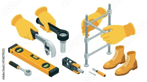 Hands in yellow gloves assembling scaffolding with tools and safety equipment on a white background