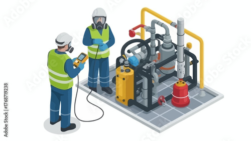 Two industrial workers in protective gear and gas masks inspecting complex chemical processing equipment with tanks