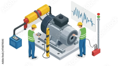 Industrial maintenance technicians performing diagnostics and analysis on complex machinery with data graphs