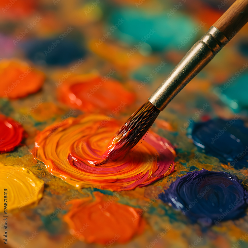 Obraz premium Vibrant paintbrush mixing colors on artist palette, macro close up