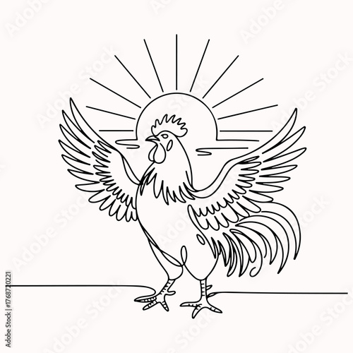 Line art illustration of a proud rooster with open wings and a shining sun background, representing awakening and fresh starts