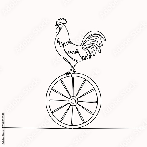 Rooster perched atop a wagon wheel in simple continuous line art style