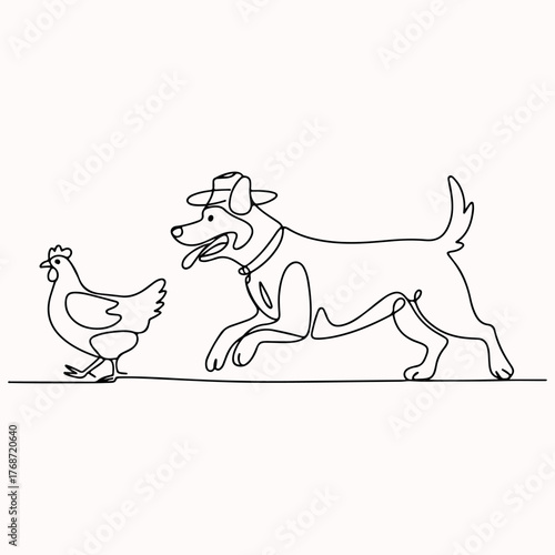 A dog in a hat chases a chicken in a whimsical continuous line drawing illustration