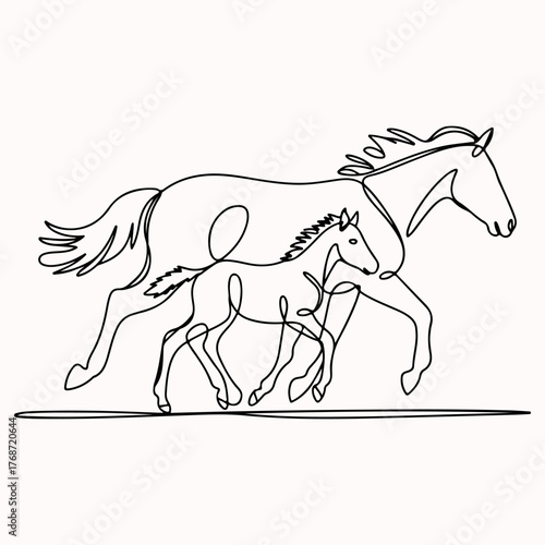 Continuous line drawing of a majestic horse and its playful foal running together in harmony
