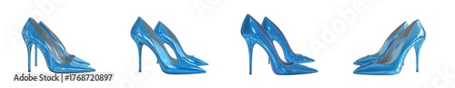 Four views of sparkling blue high heel shoes, isolated on transparent background