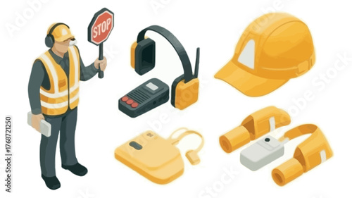 Construction worker with safety gear and traffic control sign in isometric 3d illustration