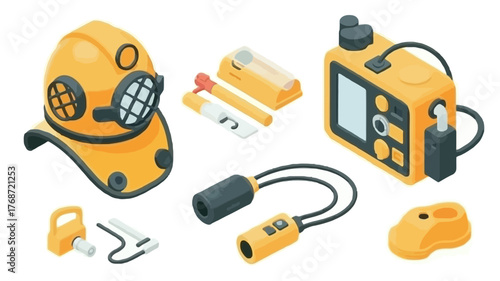 Collection of yellow diving equipment including a helmet communication device and safety gear isolated on white background