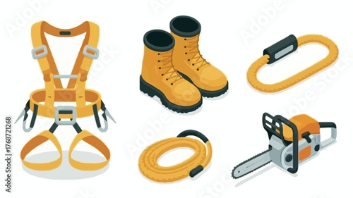Collection of orange safety equipment including a harness boots carabiner rope and chainsaw on a white background