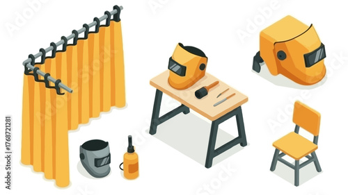 Isometric illustration of welding equipment including a protective screen helmet workbench and chair on a white background