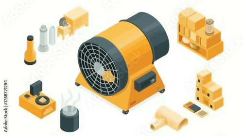 Isometric illustration of industrial drying equipment including a large fan dehumidifier and air mover for construction and renovation projects