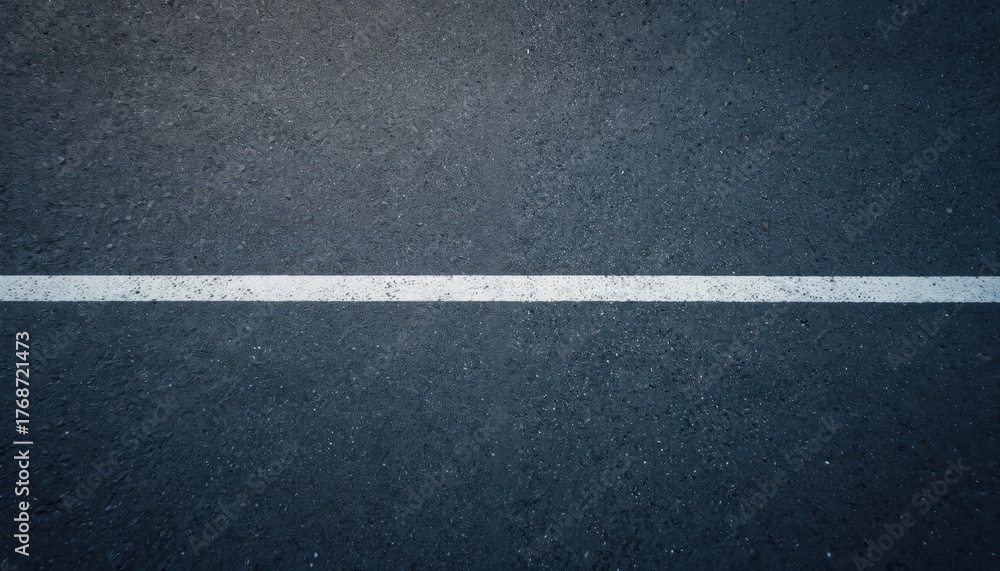 Fototapeta premium Top view of road surface with single white lane marking line. Straight direction on dark grey asphalt. Pattern for urban design. Texture background for city traffic concept or auto journey.