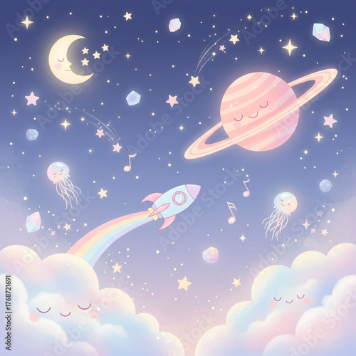 Dreamy Pastel Sky Background with Cute Smiling Saturn Planet, Crescent Moon, Rocket, Rainbow Trail, and Sleepy Clouds - Whimsical Lullaby Cosmic Scene