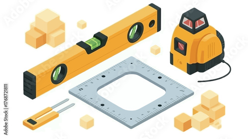 Isometric illustration of construction tools including a spirit level laser level and measuring device with wooden blocks