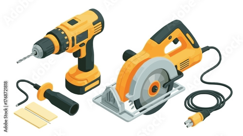 Collection of yellow and black power tools including a cordless drill circular saw and accessory on a white background