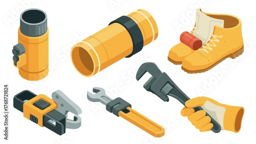 Collection of yellow and gray construction and repair tools and safety equipment arranged on a white background