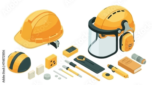 Collection of yellow safety hard hats and personal protective equipment for construction and industrial work