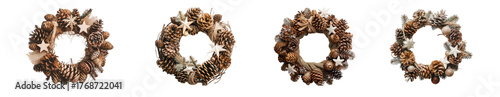 Four rustic pine cone and berry christmas wreaths, isolated on transparent background