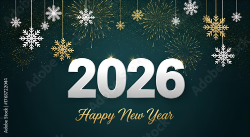 Celebrate New Year 2026 with Festive Snowflakes and Fireworks