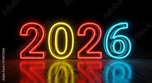 Illuminated Neon Numbers Displaying The Year 2026 in Vibrant Red, Yellow, and Blue Against a Dark Reflective Surface