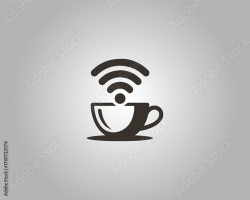 Dark brown coffee cup with wifi symbol and waves on gray vector template background signal