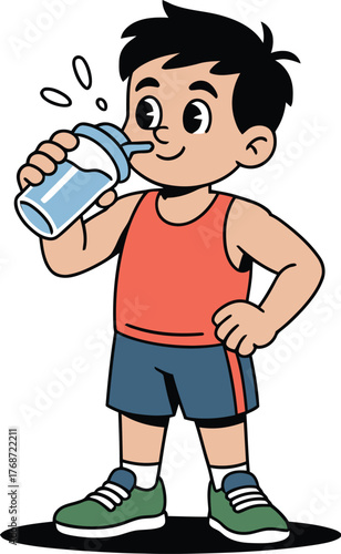 Boy drinking water cartoon hydration health exercise