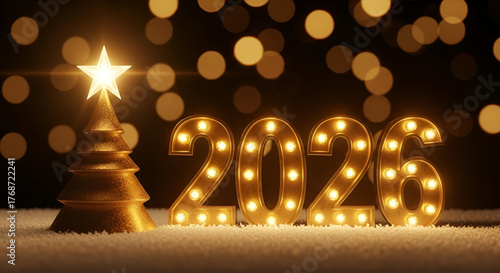 Golden Christmas tree with a star and illuminated 2026 numbers in snow against a bokeh background, celebrating the New Year