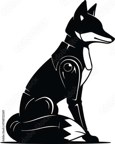 Silhouette geometric fox sits in black and white vector illustration