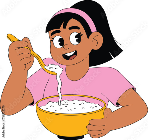 Girl eating oatmeal breakfast cartoon vector image