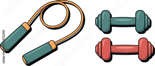Fitness equipment dumbbells and jump rope illustration