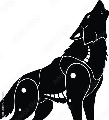 Silhouette howling wolf in geometric shapes stands in black vector illustration