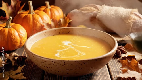 Pumpkin soup being served in brown bowl for Thanksgiving dinner on wooden table with autumn decoration footage.