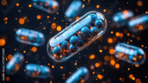 Pilules transparentes flottant dans l'air, affiche concept médical, publicité, actualités