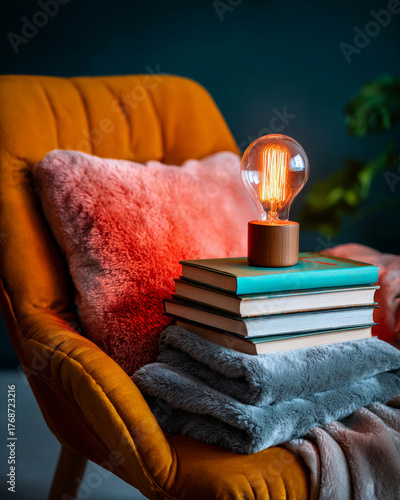 A cozy reading nook with a stack of books and an illuminated vintage bulb on top, creating a warm ambiance perfect for relaxation or study