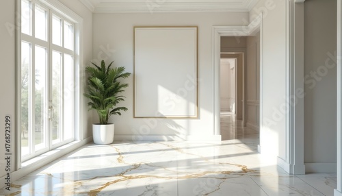 Luxurious home interior design. Modern hallway with marble floor large windows and a plant. Bright elegant entrance architecture space with copy blank canvas.