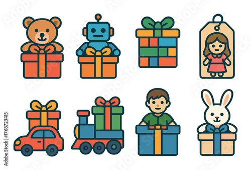 Colorful gift icons with toys and characters for children