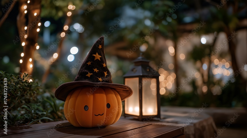 Naklejka premium Cute pumpkin with oversized witch hat near a glowing lantern, emotion of warmth and mystery visible, representing Halloween home decor, magical seasonal crafts, and cozy evening ambiance in autumn