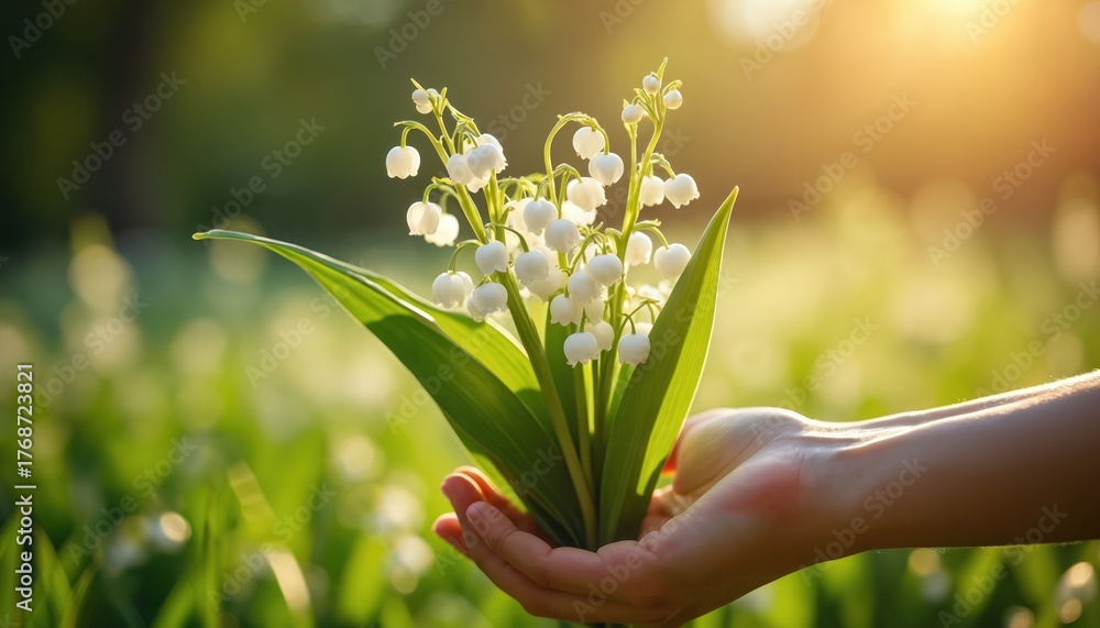 Obraz premium Human hands hold delicate Lily of Valley flowers. White bells bloom in spring garden. Person gently presents fresh bouquet under warm sun light. Enjoy nature beauty, growth, purity, green plants in
