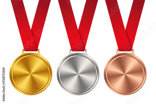 Gold Silver Bronze Medals with Red Ribbon | Achievement Awards for Sport, Competition, and Business Recognition