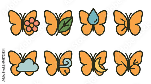 Set of eight butterfly icons with nature elements on brown background