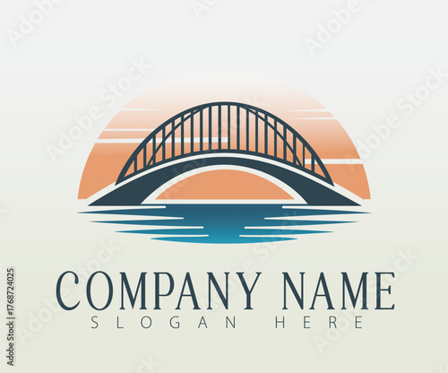 A logo design featuring a stylized depiction of a
bridge arching gracefully over blue water.