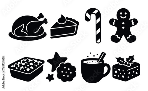 Festive holiday treats icons: turkey, pie, candy cane, gingerbread, cocoa, pudding