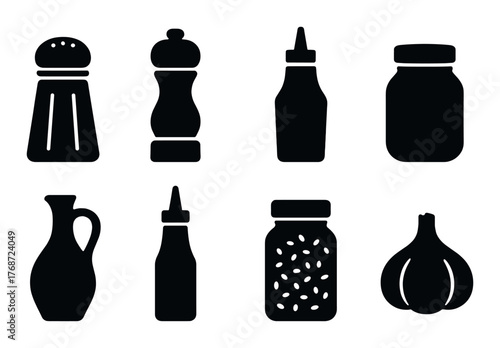 Silhouette collection of various kitchen containers and spice jars