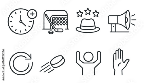 Icon set featuring clock, hockey goal, stars, hat, megaphone, refresh symbol, hockey puck, cheerful person, raised hand