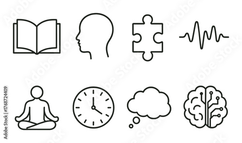 Brain and mind concept icons: book, head, puzzle, heartbeat, meditation, clock, thought, brain