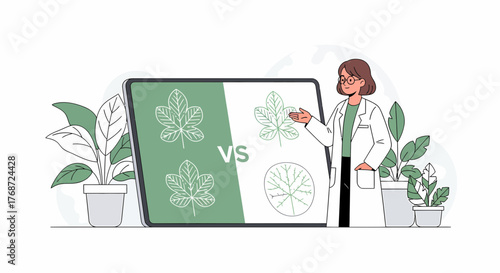 Botanist Comparing Plant Health on Screen Surrounded By Potted Plants