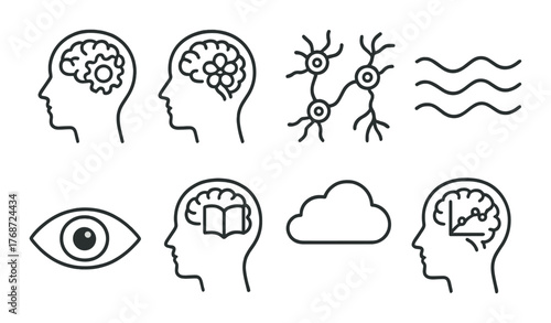 Conceptual brain illustrations: neural connections, eye, book, and cloud symbols