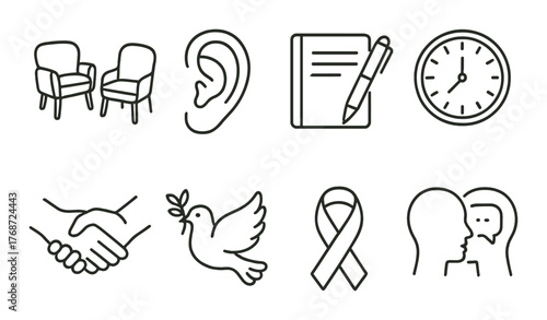 Icons of communication: listening, writing, time, agreement, peace, awareness, dialogue