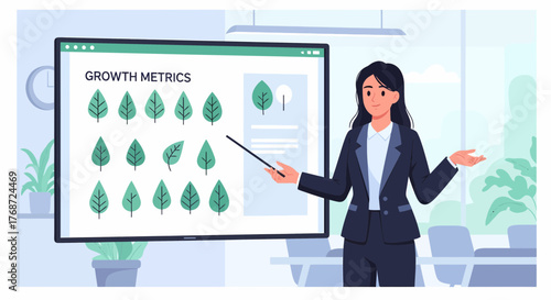 Businesswoman Presenting Growth Metrics In Modern Office Setting