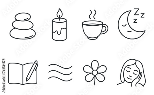 Relaxation and sleep symbols: candle, tea, moon, flower, meditation icons